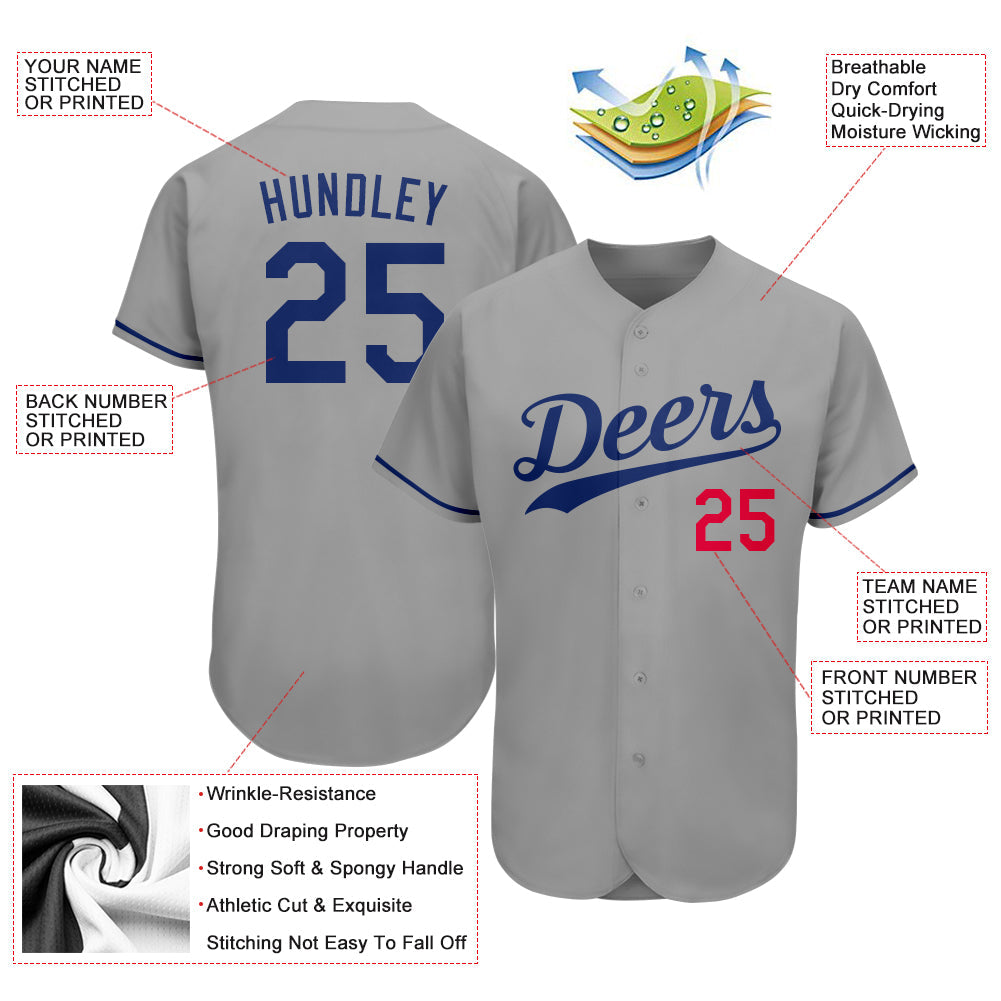 Custom Gray Royal-Red Authentic Baseball Jersey view 3