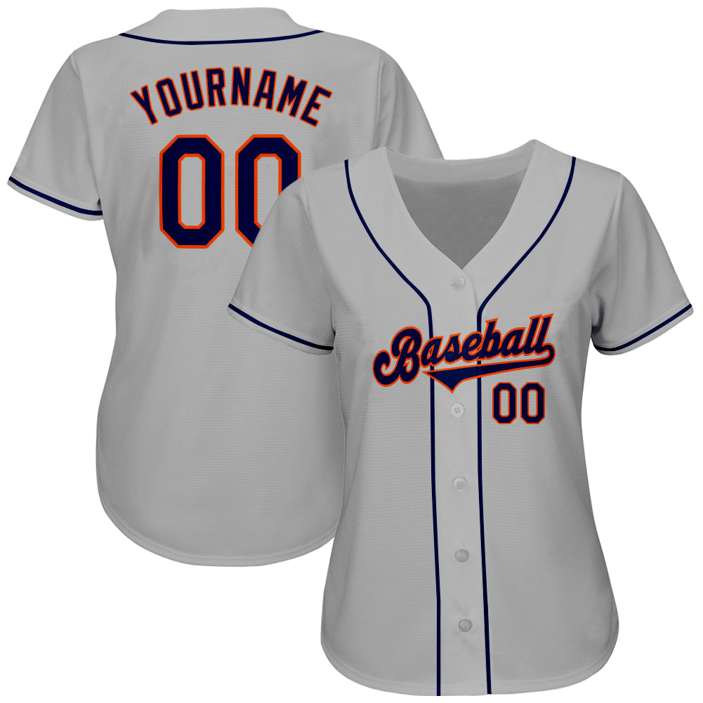 Custom Gray Navy-Orange Authentic Baseball Jersey view 2