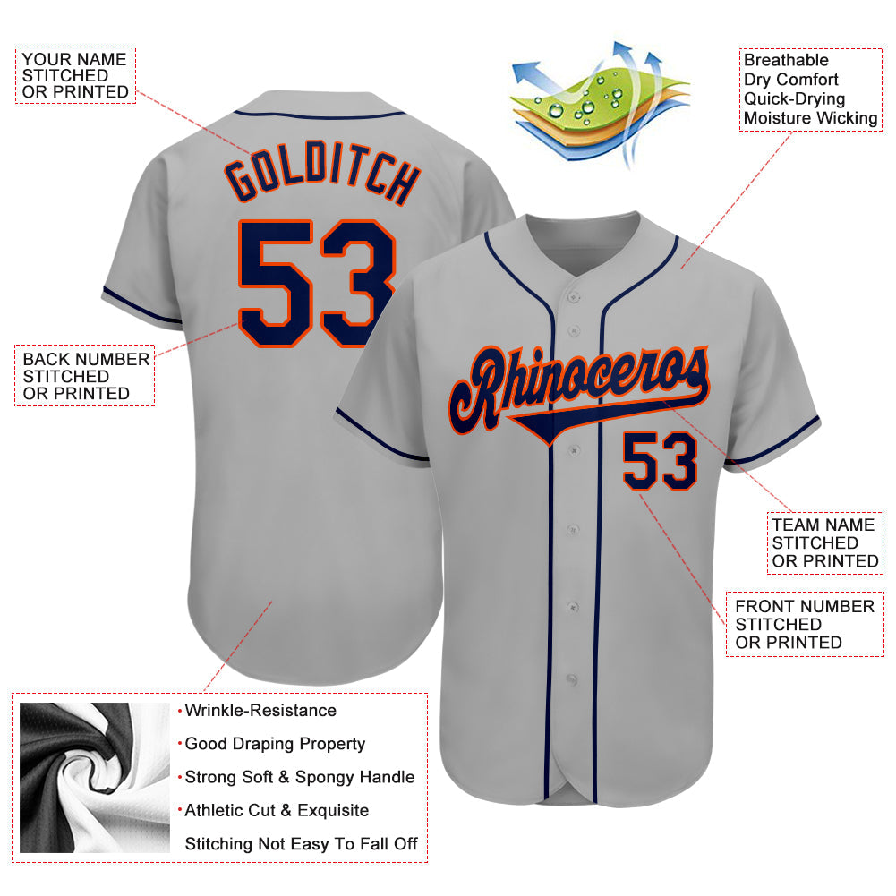 Custom Gray Navy-Orange Authentic Baseball Jersey view 3