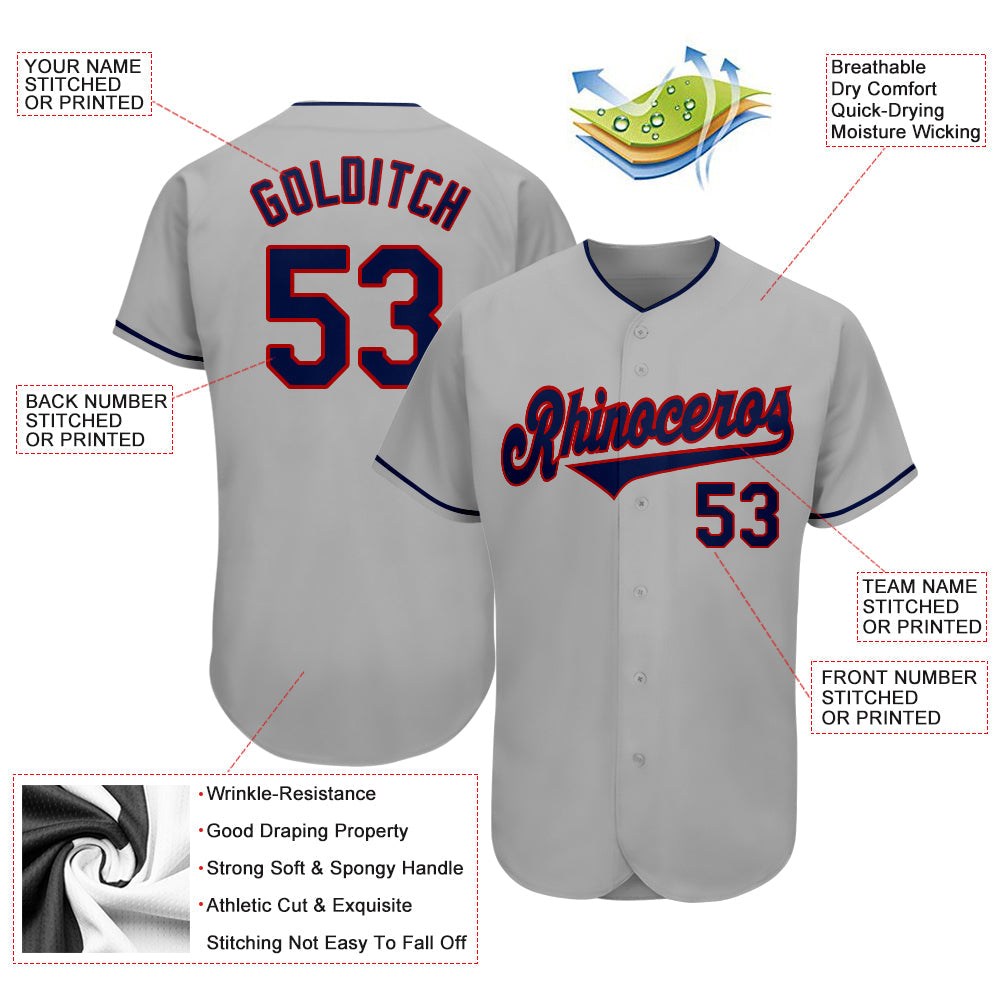 Custom Gray Navy-Red Authentic Baseball Jersey view 3
