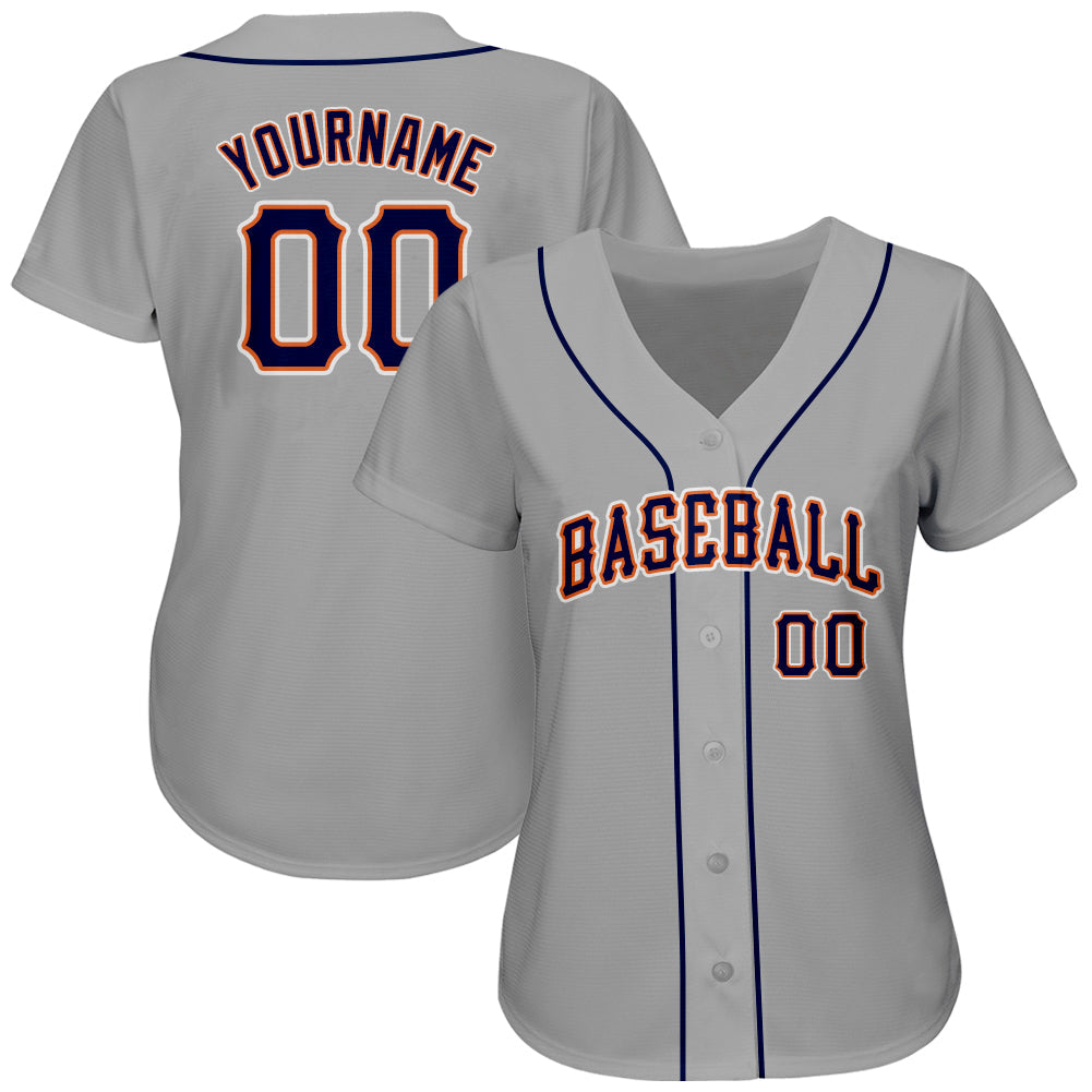 Custom Gray Navy-Orange Authentic Baseball Jersey view 2