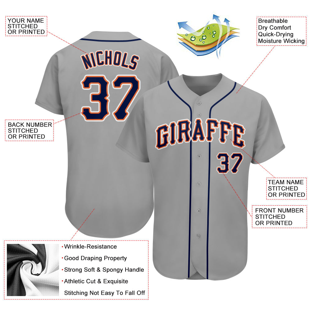 Custom Gray Navy-Orange Authentic Baseball Jersey view 3