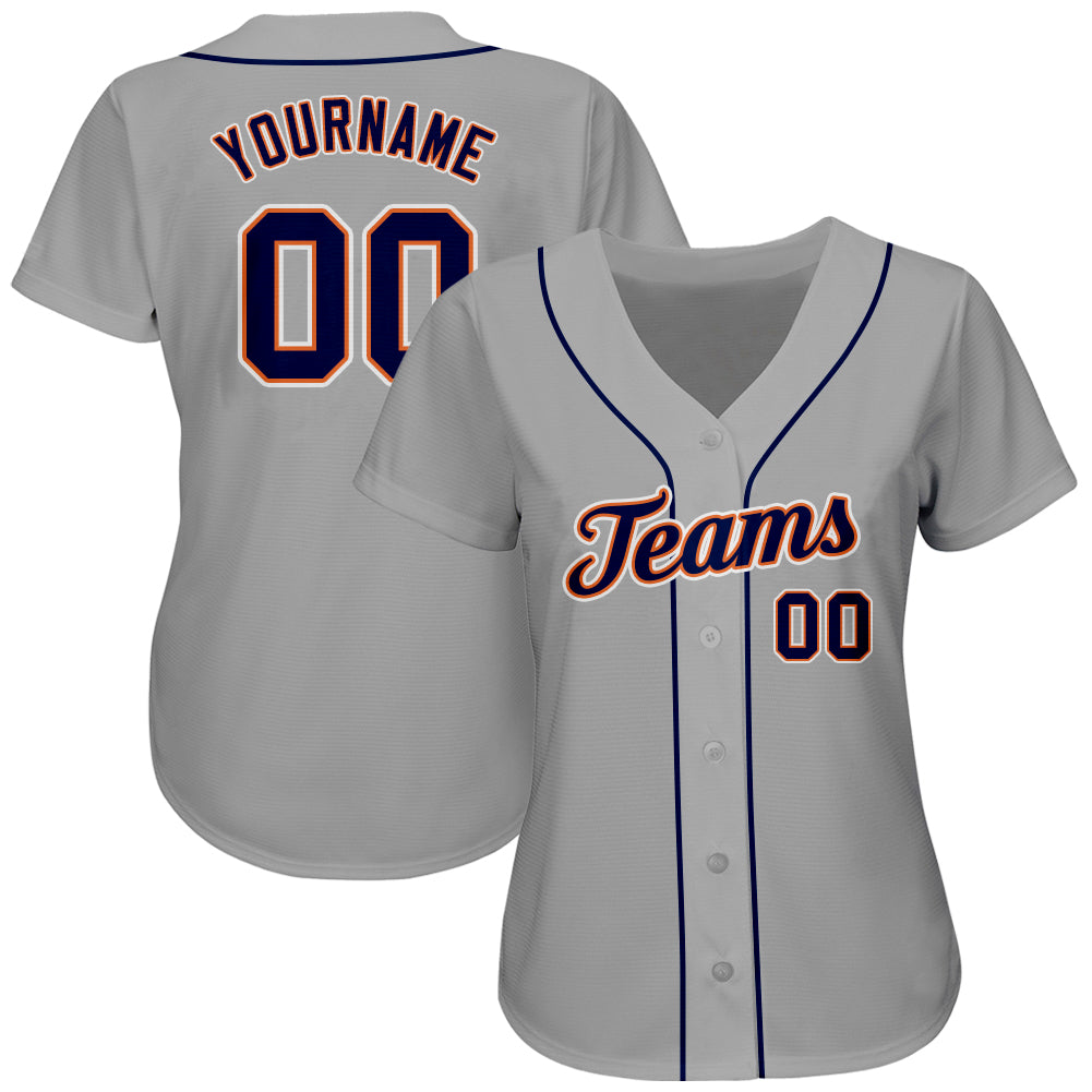 Custom Gray Navy-Orange Authentic Baseball Jersey view 2