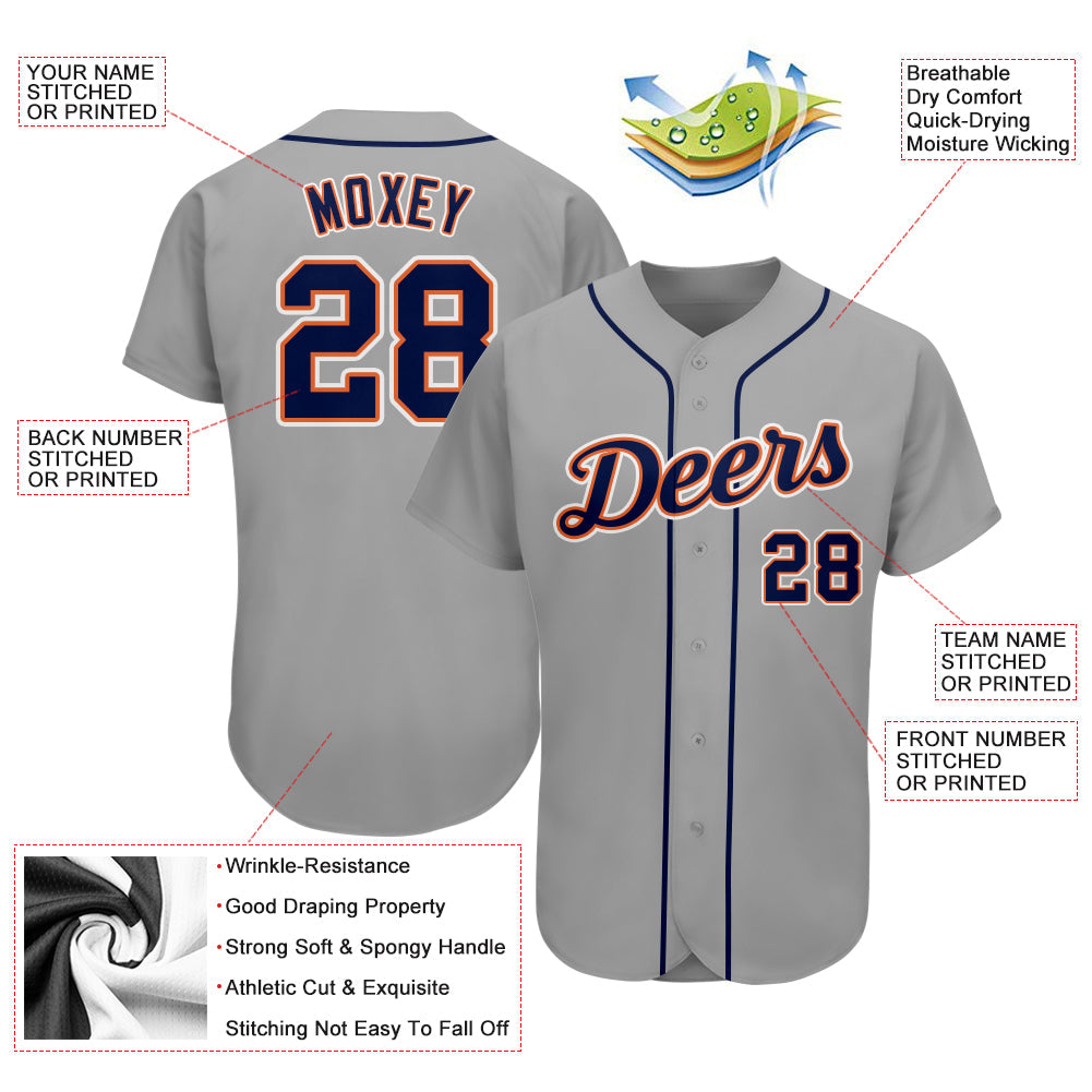 Custom Gray Navy-Orange Authentic Baseball Jersey view 3