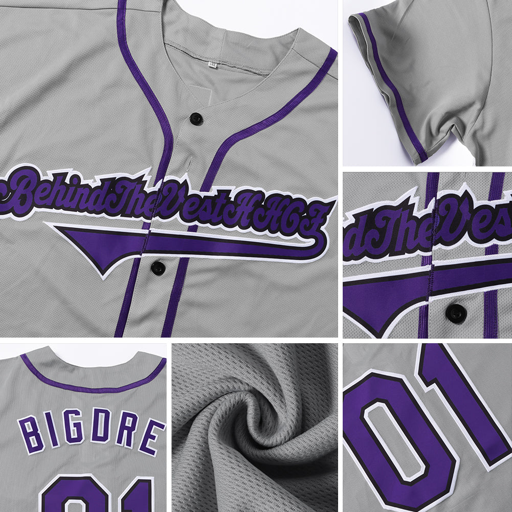 Custom Gray Purple-Black Authentic Baseball Jersey view 6