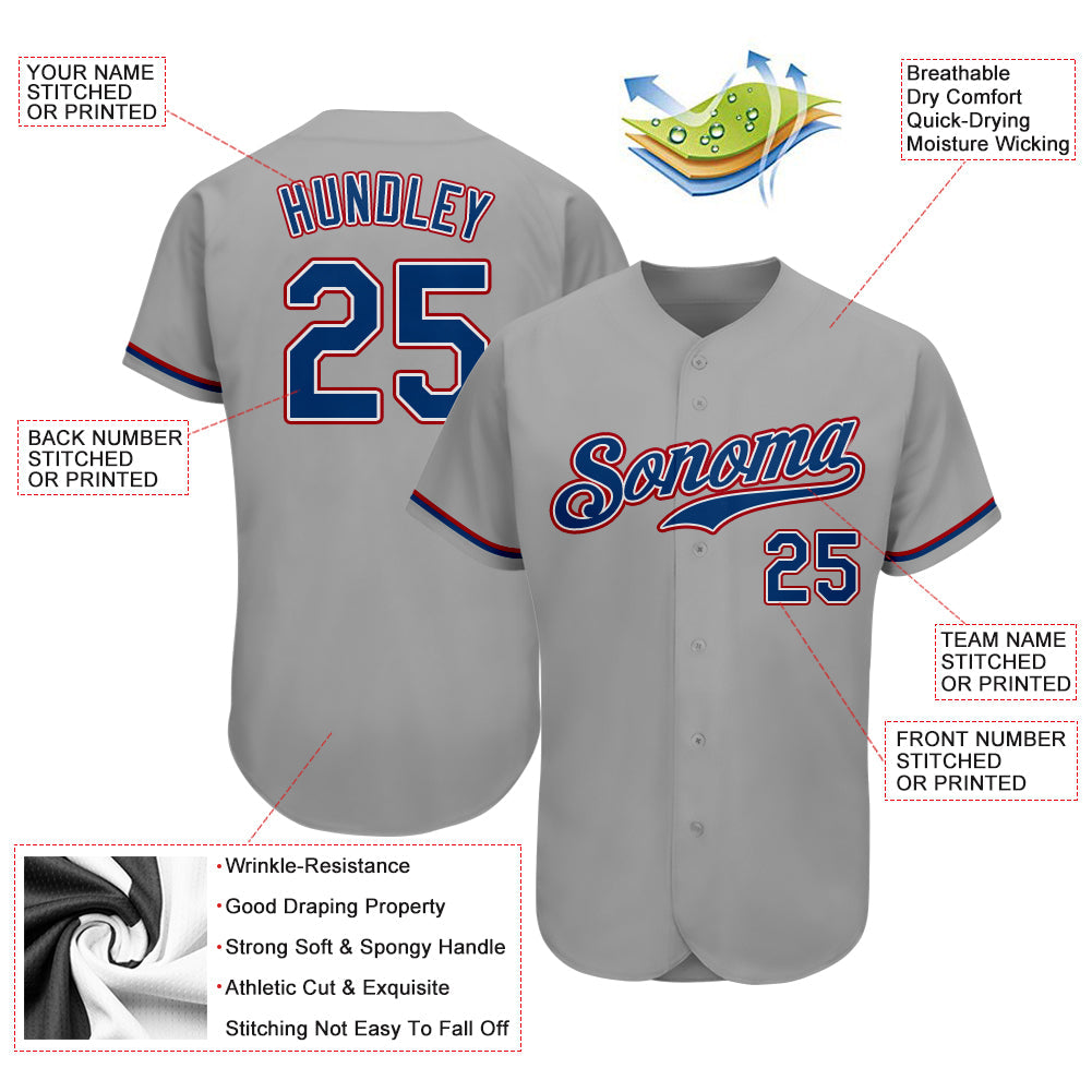 Custom Gray Royal-Red Authentic Baseball Jersey view 3