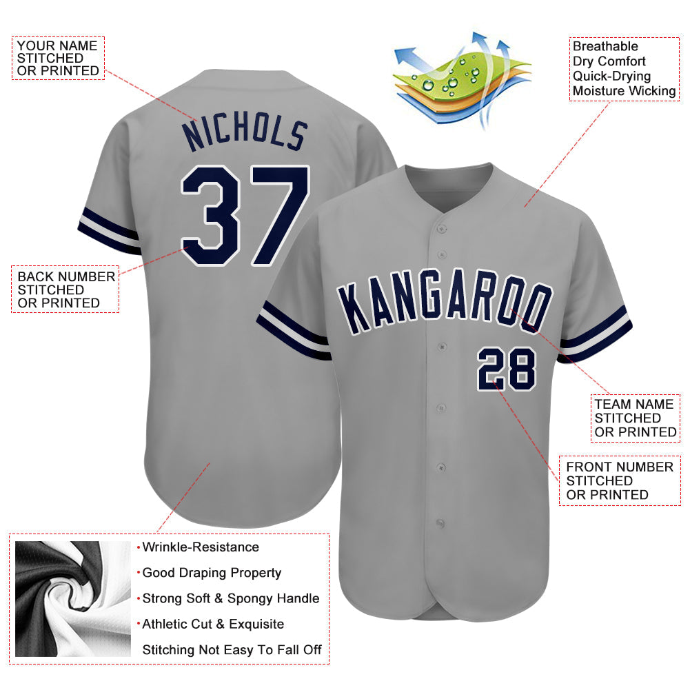 Custom Gray Navy-White Authentic Baseball Jersey view 3