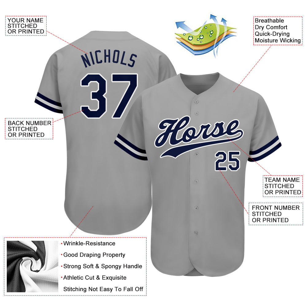 Custom Gray Navy-White Authentic Baseball Jersey view 3
