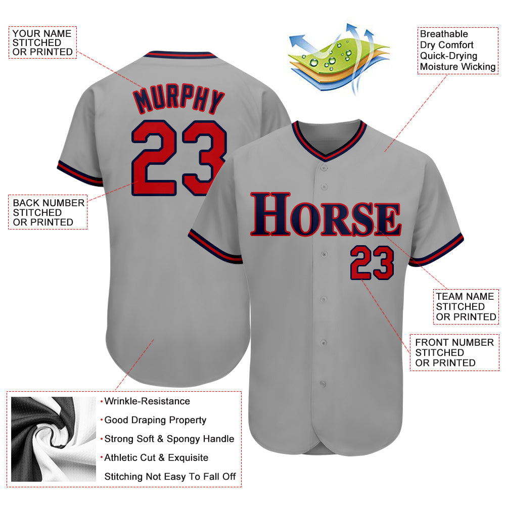 Custom Gray Red-Navy Authentic Baseball Jersey view 3