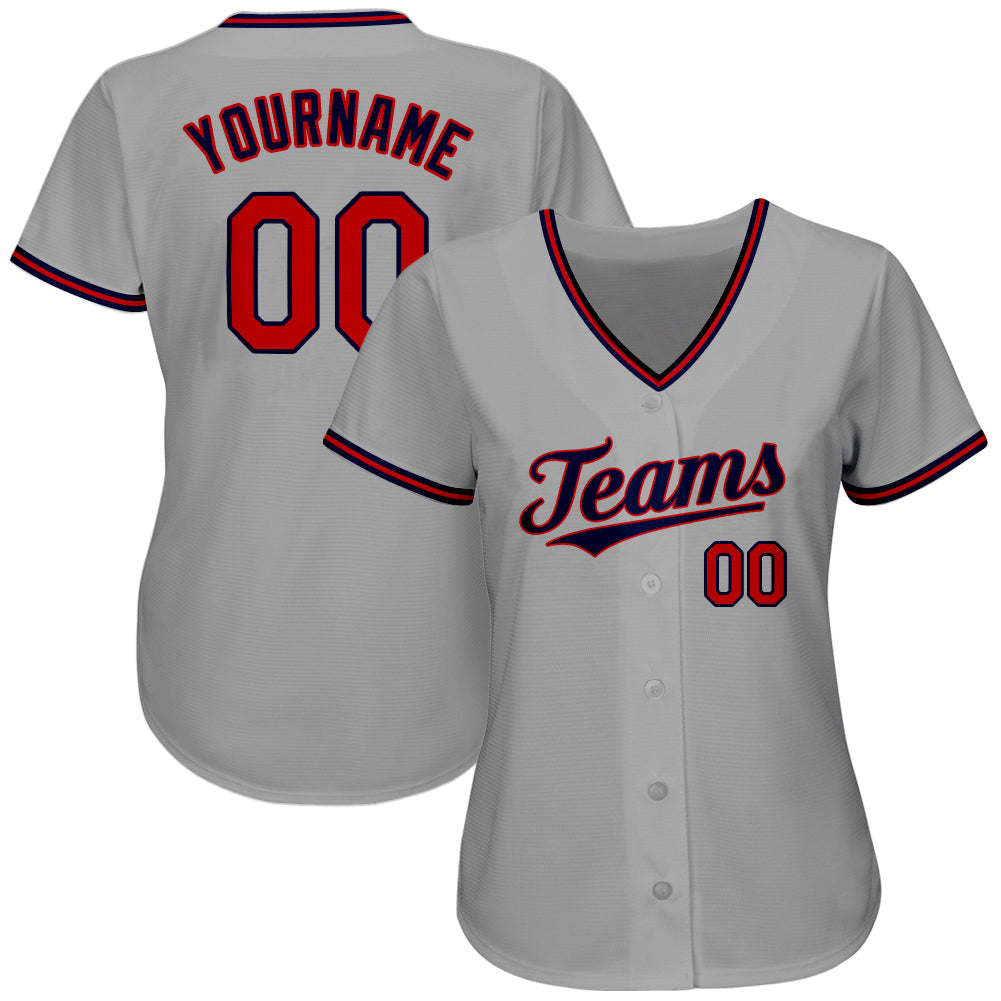 Custom Gray Red-Navy Authentic Baseball Jersey view 2