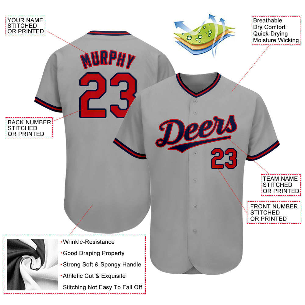 Custom Gray Red-Navy Authentic Baseball Jersey view 3