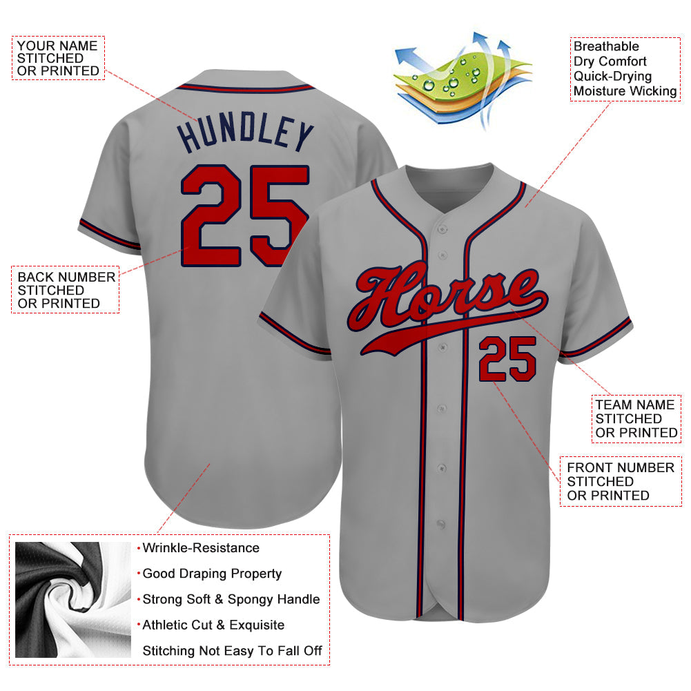 Custom Gray Red-Navy Authentic Baseball Jersey view 3