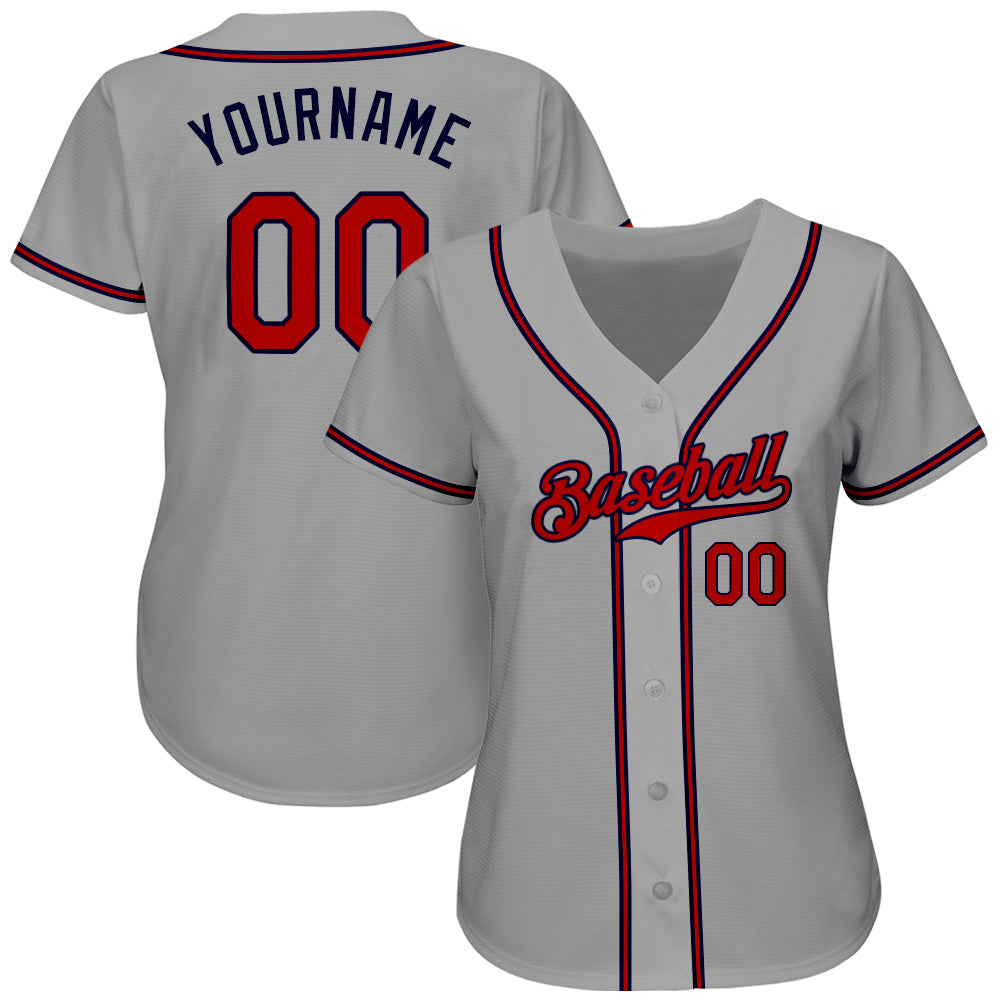 Custom Gray Red-Navy Authentic Baseball Jersey view 2