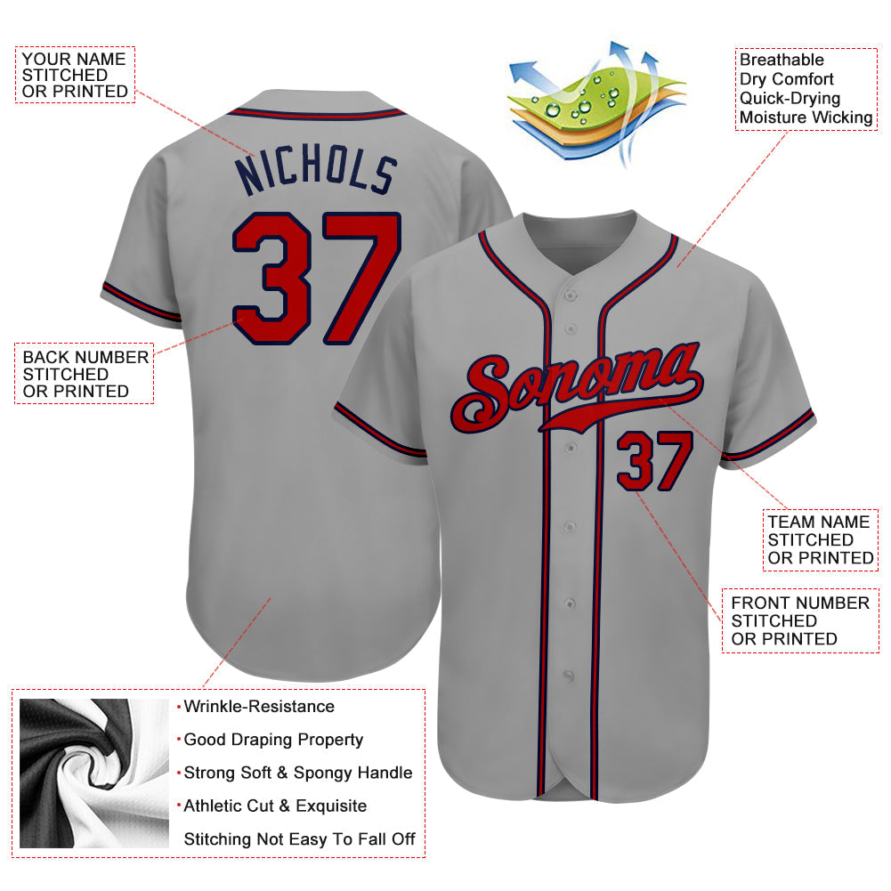 Custom Gray Red-Navy Authentic Baseball Jersey view 3