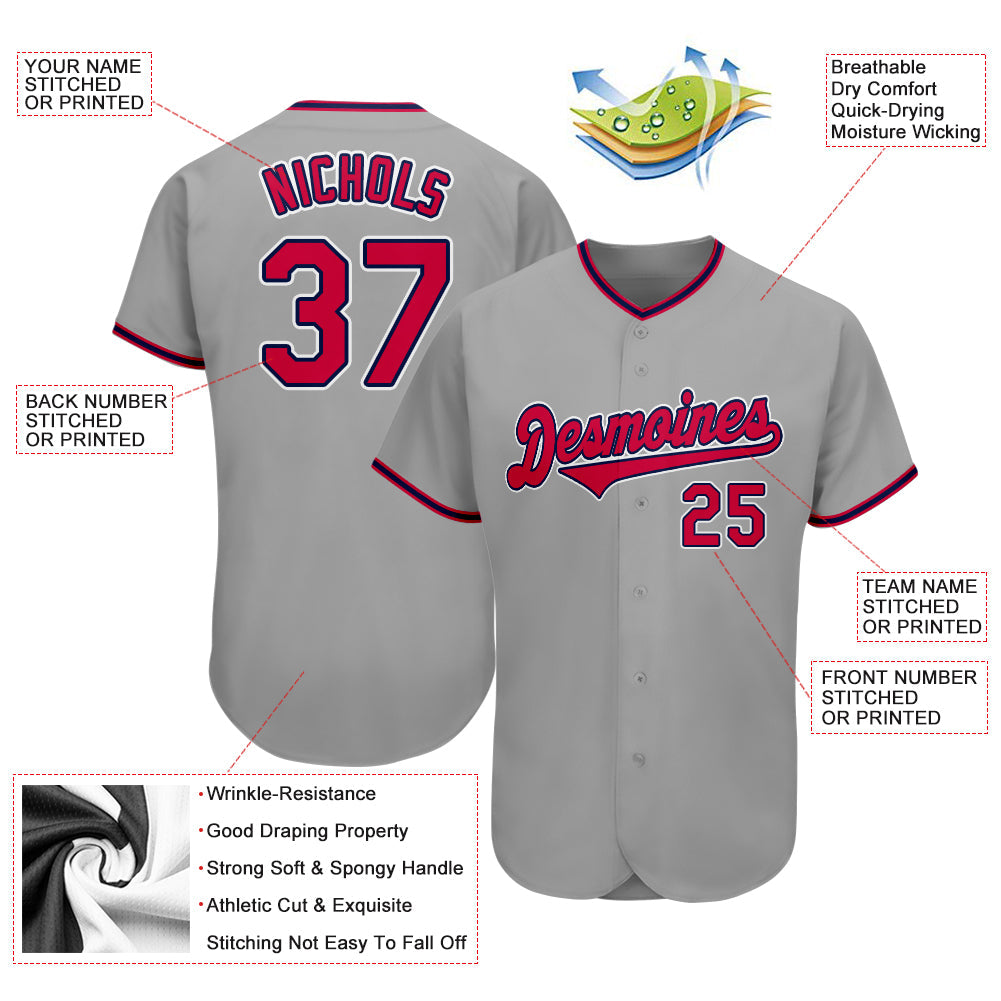 Custom Gray Red-Navy Authentic Baseball Jersey view 3