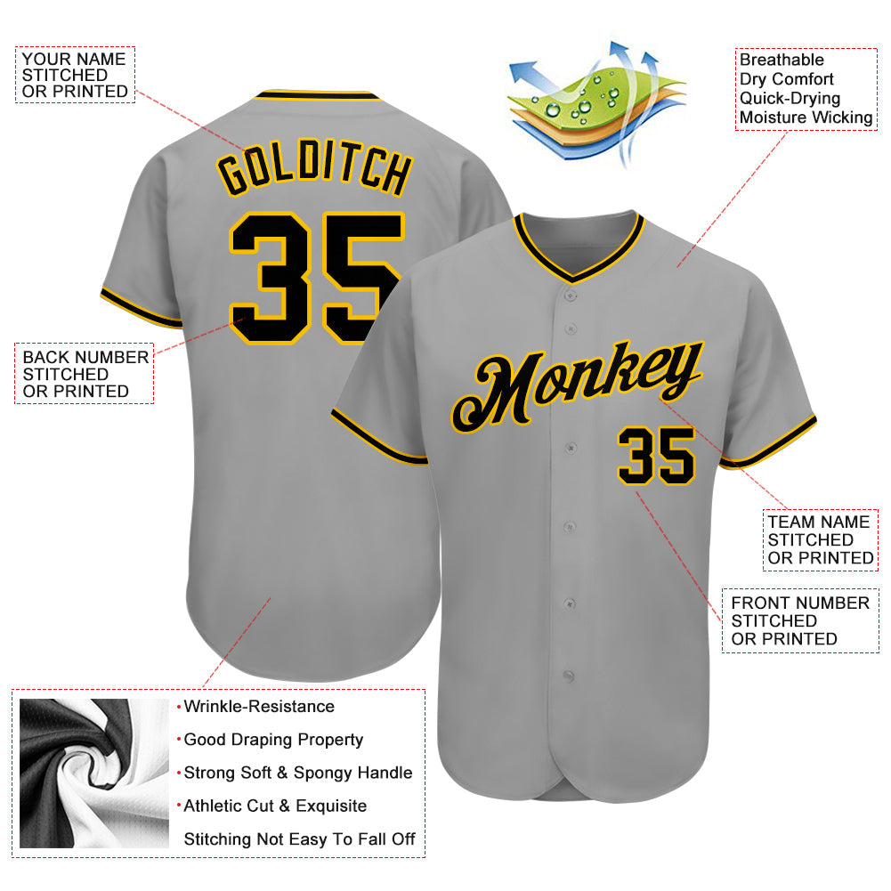 Custom Gray Black-Gold Authentic Baseball Jersey view 3