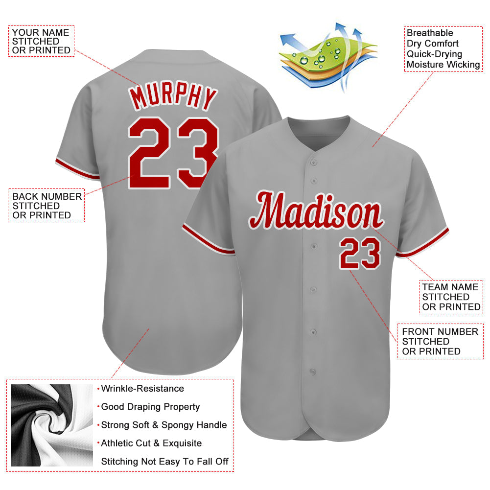 Custom Gray Red-White Authentic Baseball Jersey view 3