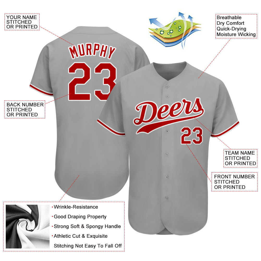 Custom Gray Red-White Authentic Baseball Jersey view 3