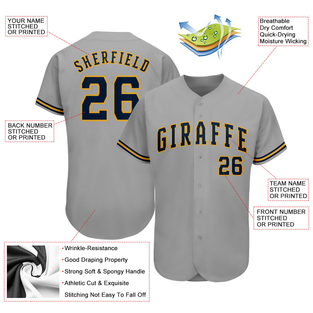 Custom Gray Navy-Old Gold Authentic Baseball Jersey view 3