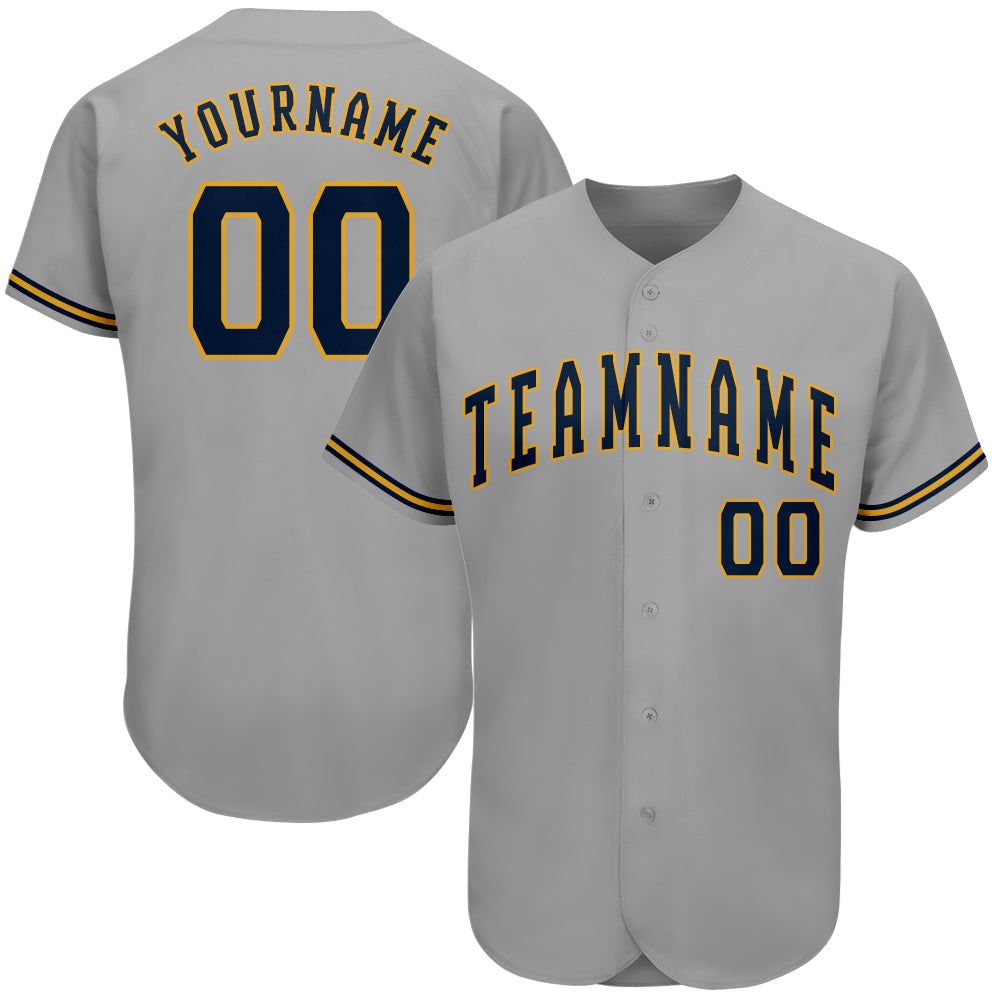 Custom Gray Navy-Old Gold Authentic Baseball Jersey - Main View