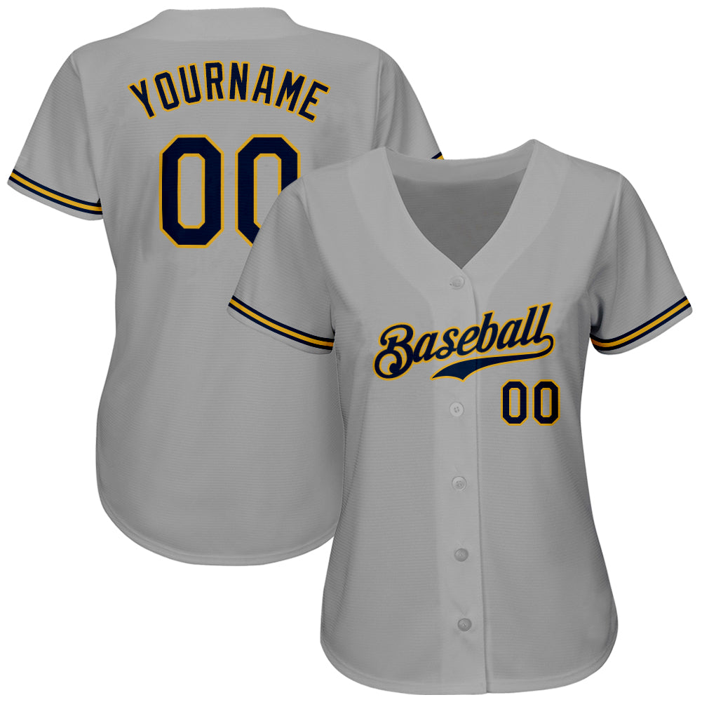 Custom Gray Navy-Old Gold Authentic Baseball Jersey view 2