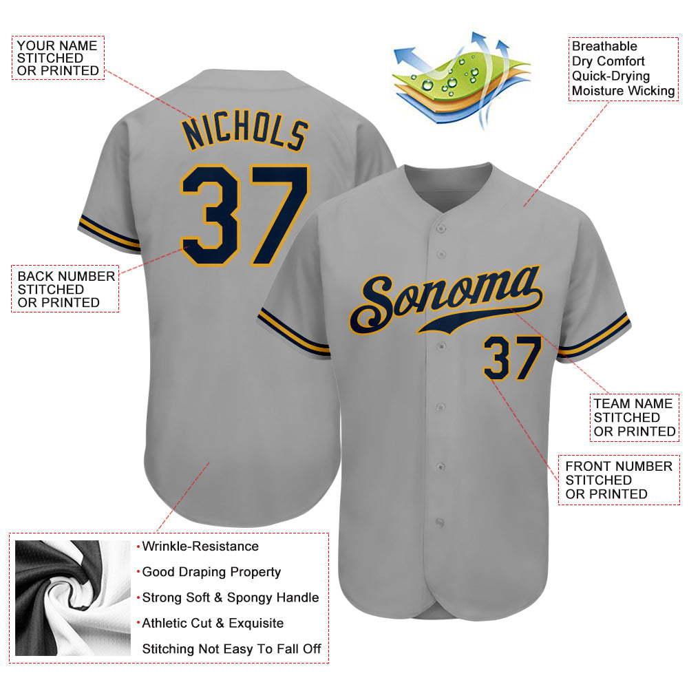 Custom Gray Navy-Old Gold Authentic Baseball Jersey view 3