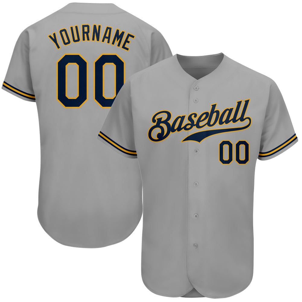 Custom Gray Navy-Old Gold Authentic Baseball Jersey - Main View