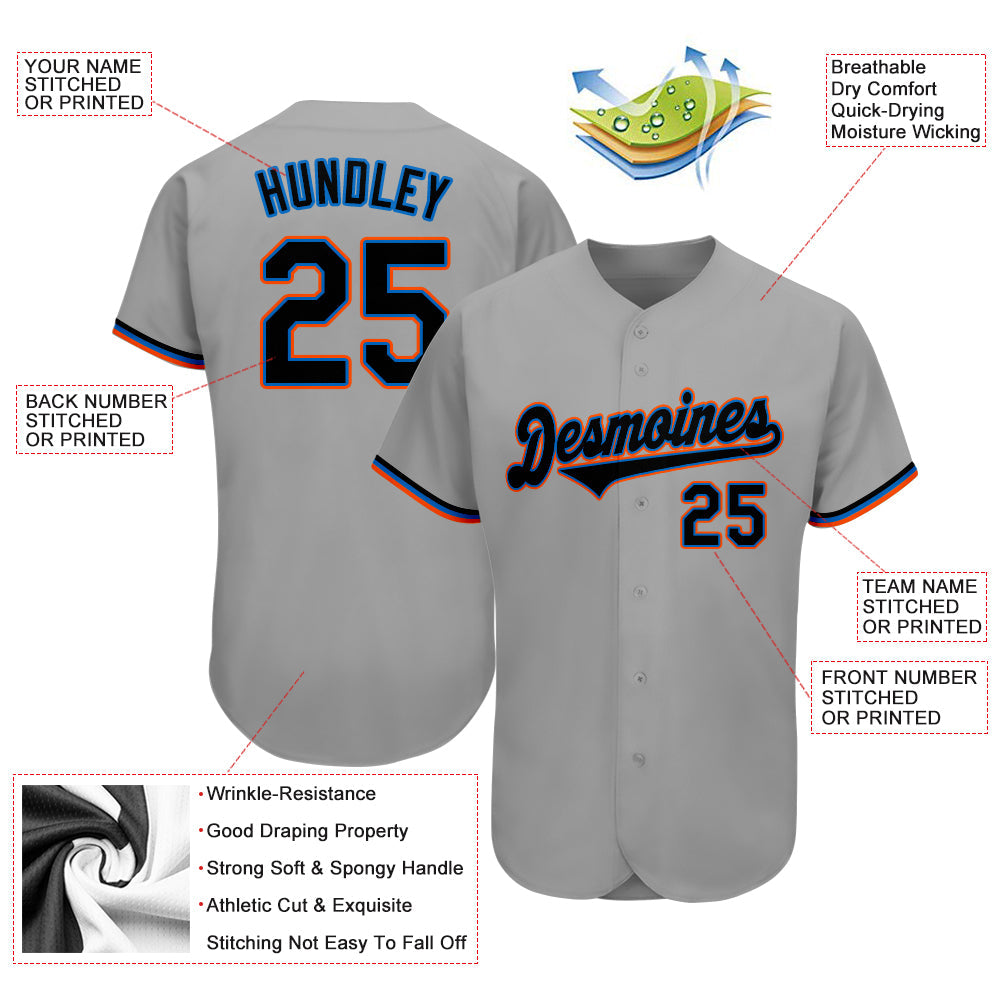 Custom Gray Black-Light Blue Authentic Baseball Jersey view 3