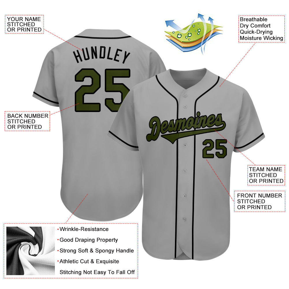 Custom Gray Olive-Black Authentic Memorial Day Baseball Jersey view 3