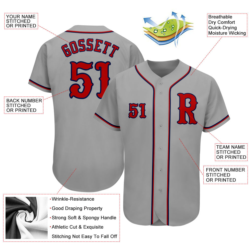Custom Gray Red-Navy Authentic Baseball Jersey view 3
