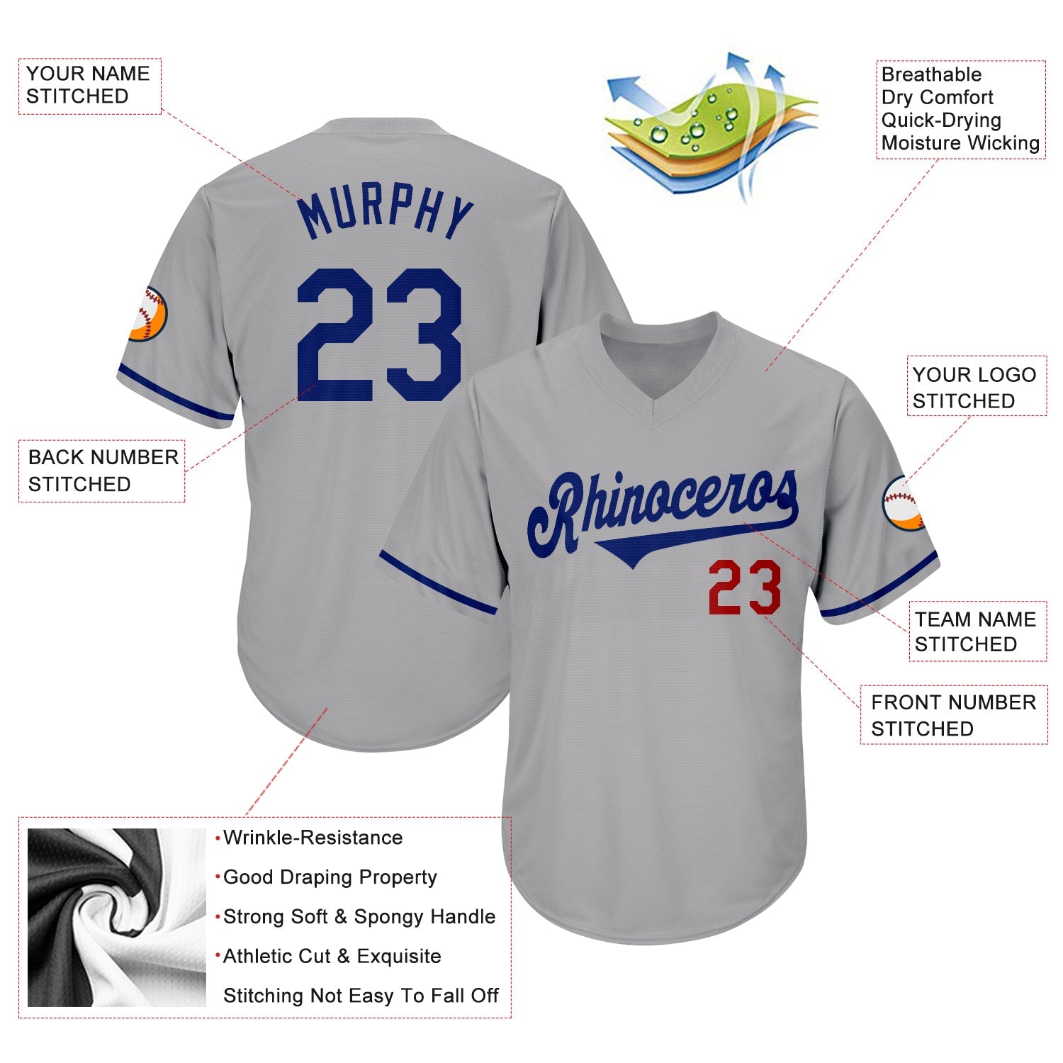 Custom Gray Royal-Red Authentic Throwback Rib-Knit Baseball Jersey Shirt view 4