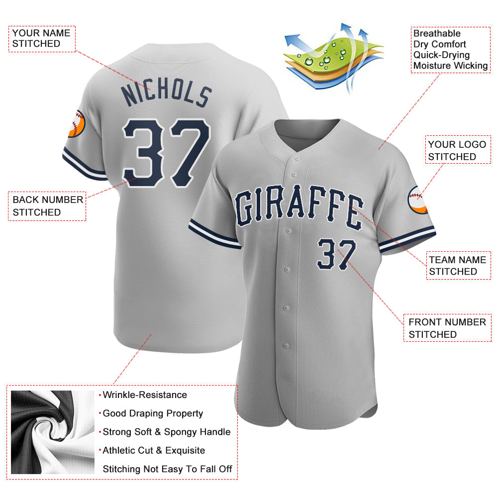 Custom Gray Navy-White Authentic Baseball Jersey view 4