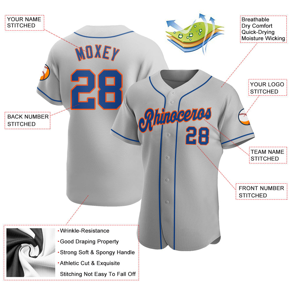 Custom Gray Royal-Orange Authentic Baseball Jersey view 3