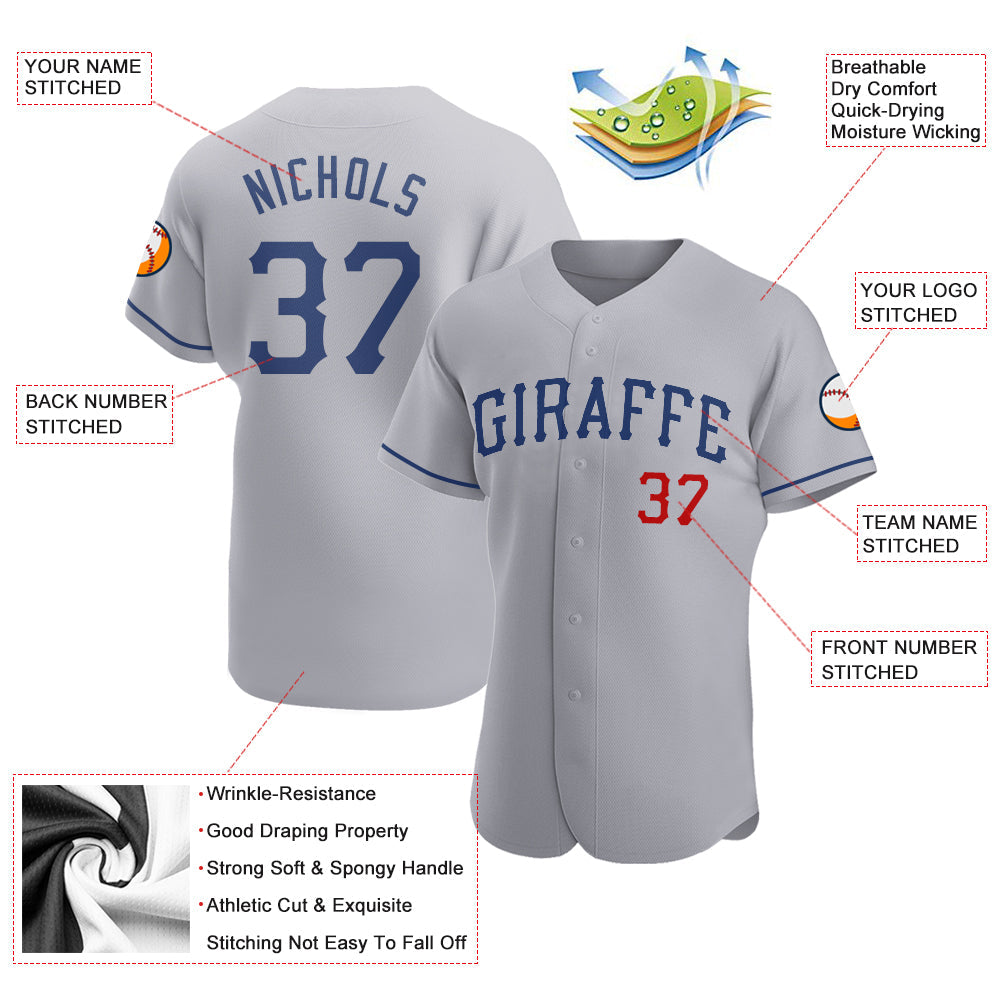 Custom Gray Royal-Red Authentic Baseball Jersey view 3