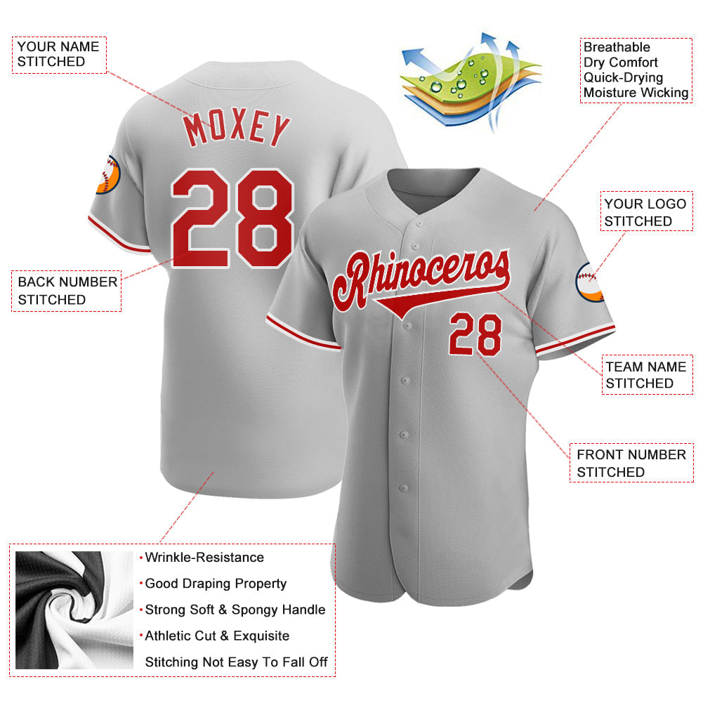 Custom Gray Red-White Authentic Baseball Jersey view 3