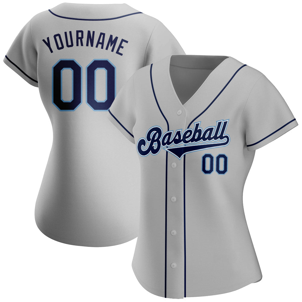 Custom Gray Navy-Powder Blue Authentic Baseball Jersey view 2
