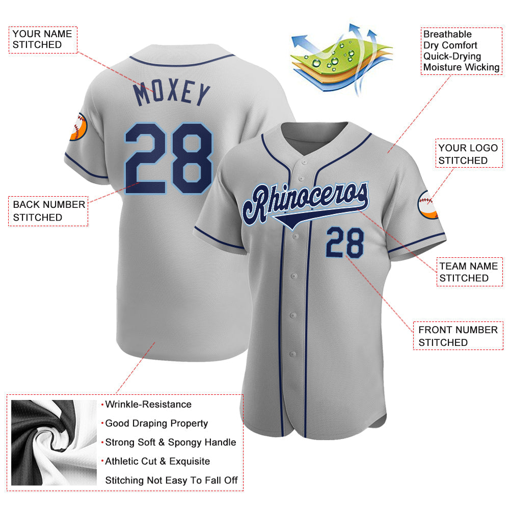 Custom Gray Navy-Powder Blue Authentic Baseball Jersey view 3