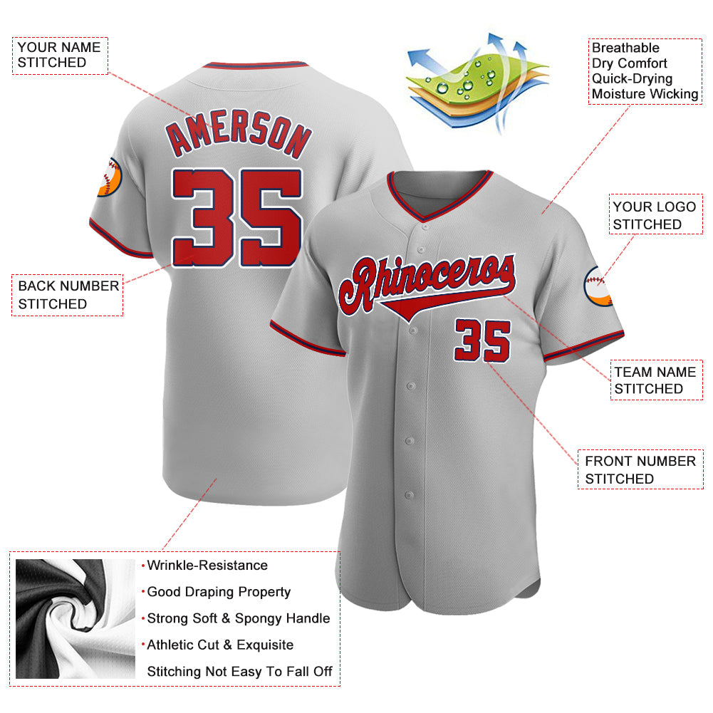 Custom Gray Red-Navy Authentic Baseball Jersey view 3