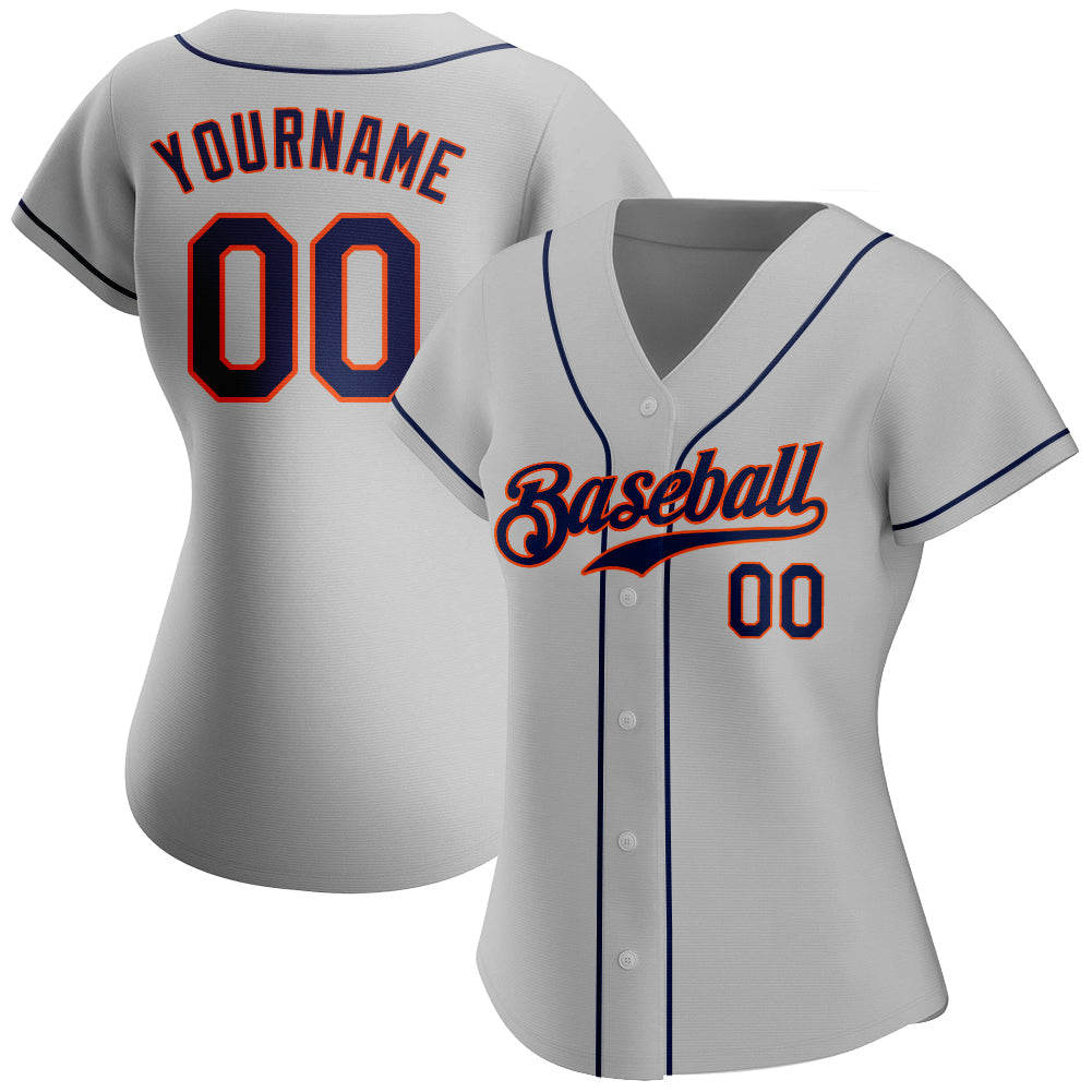 Custom Gray Navy-Orange Authentic Baseball Jersey view 2