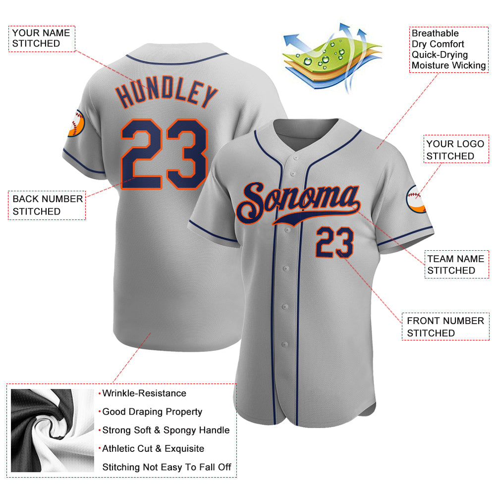 Custom Gray Navy-Orange Authentic Baseball Jersey view 3
