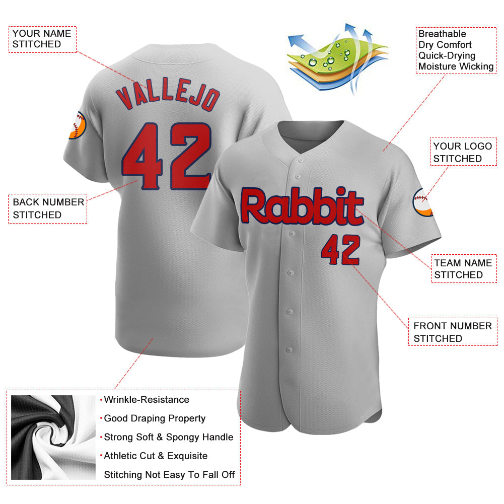 Custom Gray Red-Navy Authentic Baseball Jersey view 3