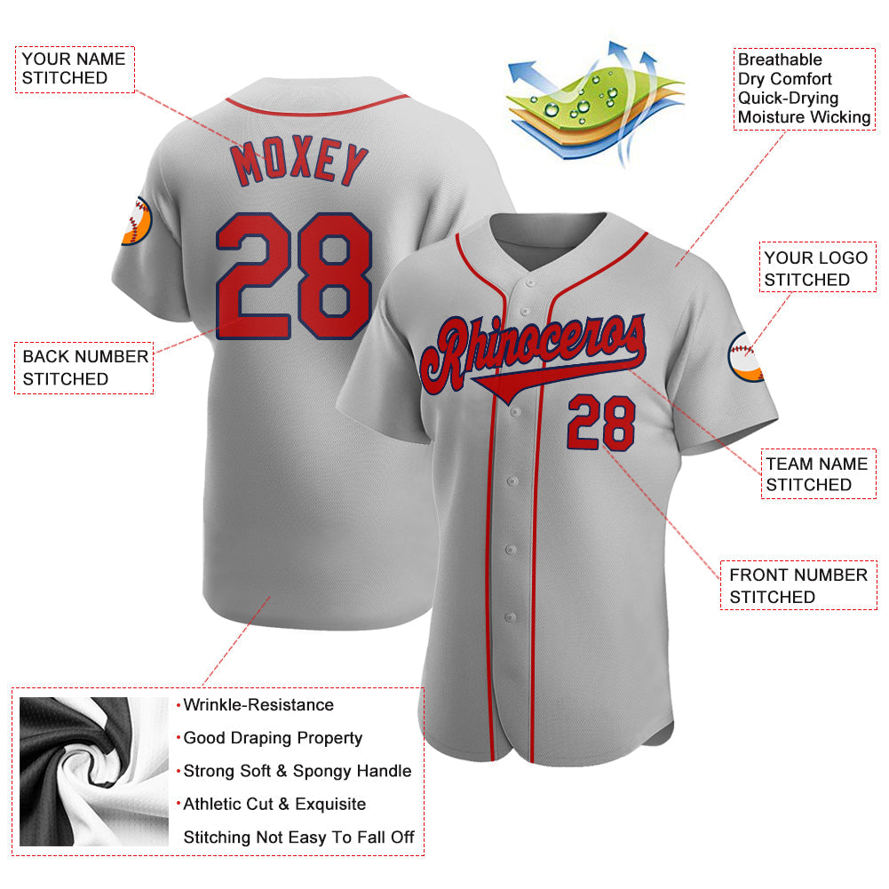 Custom Gray Red-Navy Authentic Baseball Jersey view 3