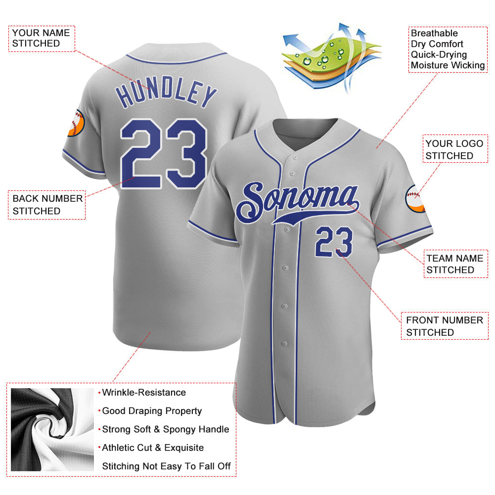 Custom Gray Royal-White Authentic Baseball Jersey view 3