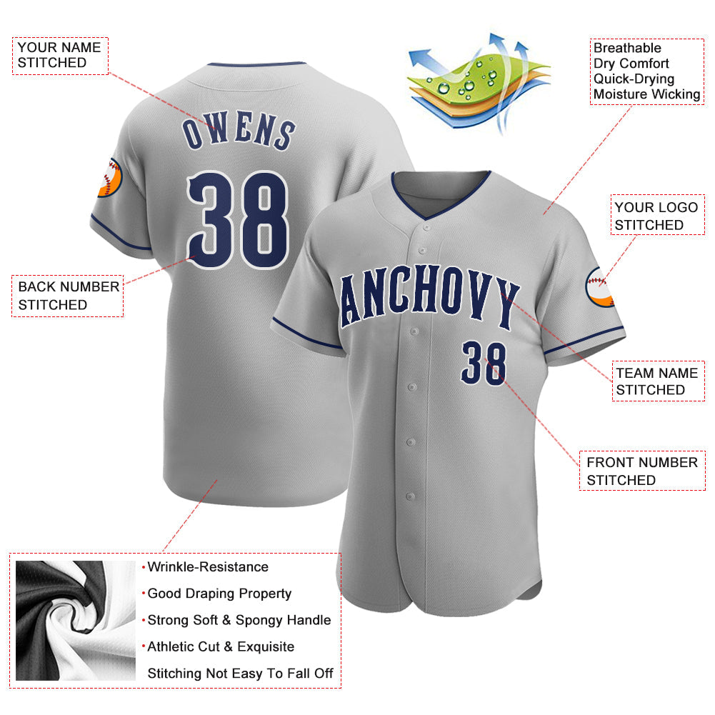 Custom Gray Navy-White Authentic Baseball Jersey view 3