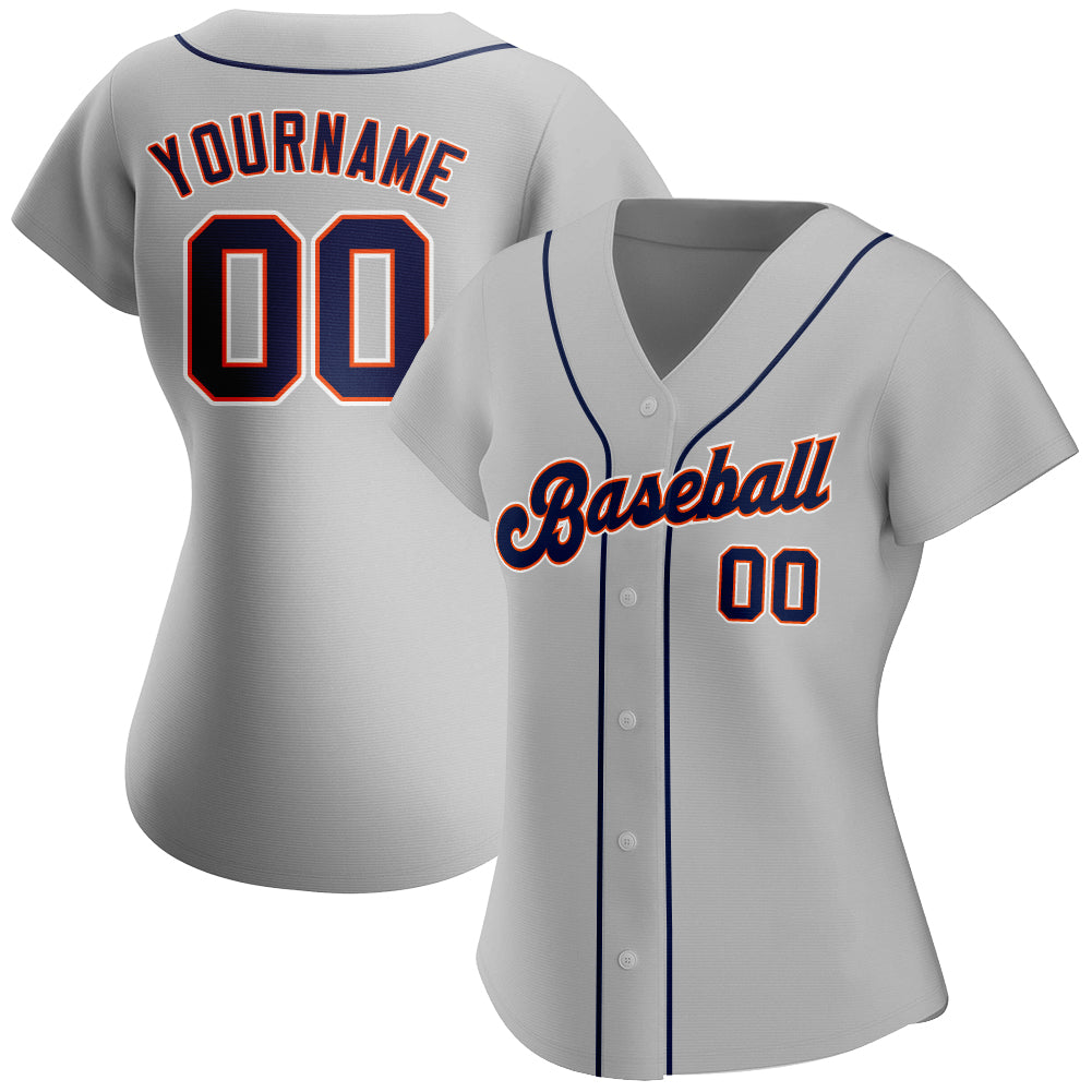 Custom Gray Navy-Orange Authentic Baseball Jersey view 2