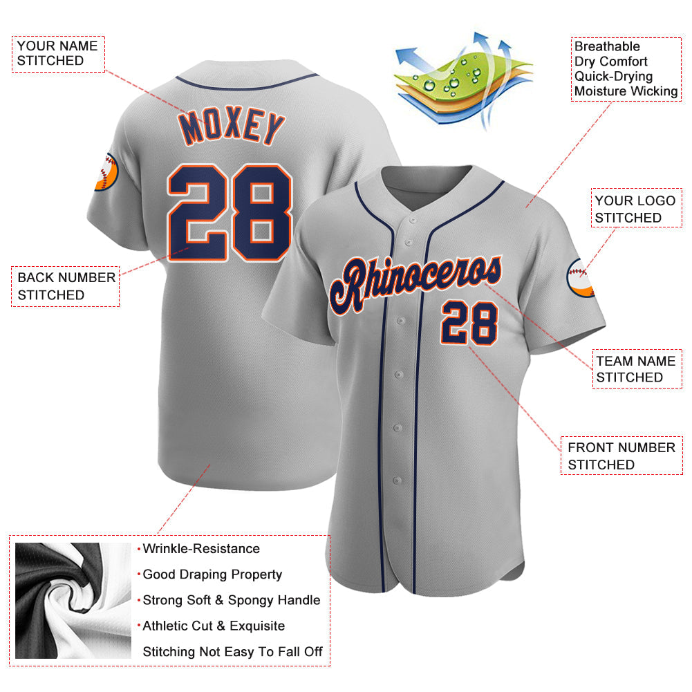 Custom Gray Navy-Orange Authentic Baseball Jersey view 3