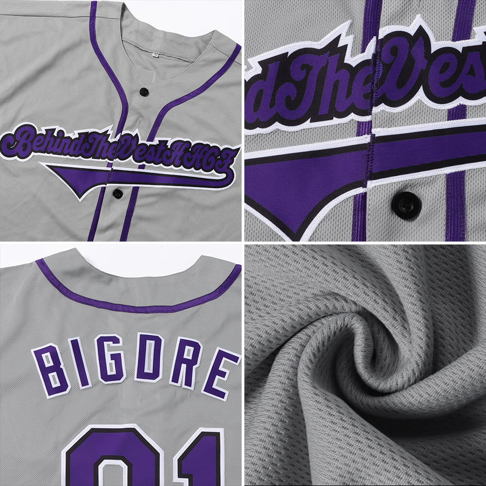 Custom Gray Purple-Black Authentic Baseball Jersey view 6