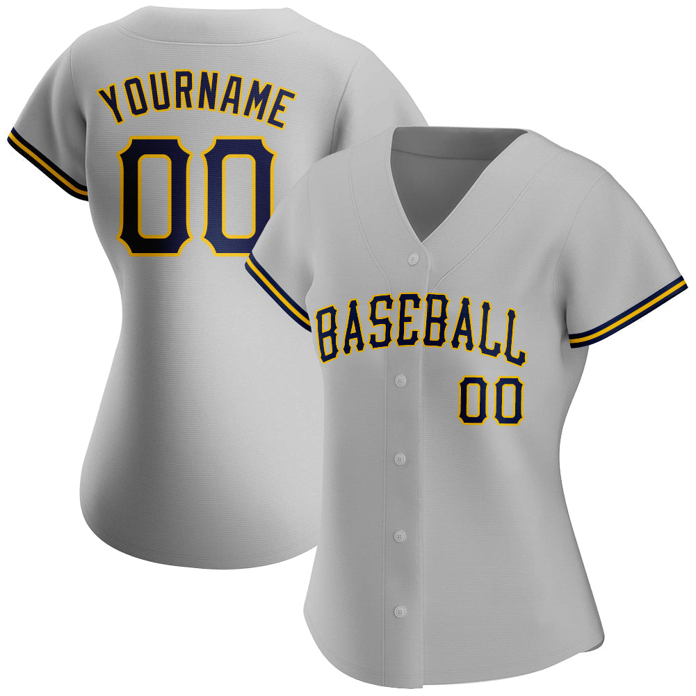 Custom Gray Navy-Gold Authentic Baseball Jersey view 2
