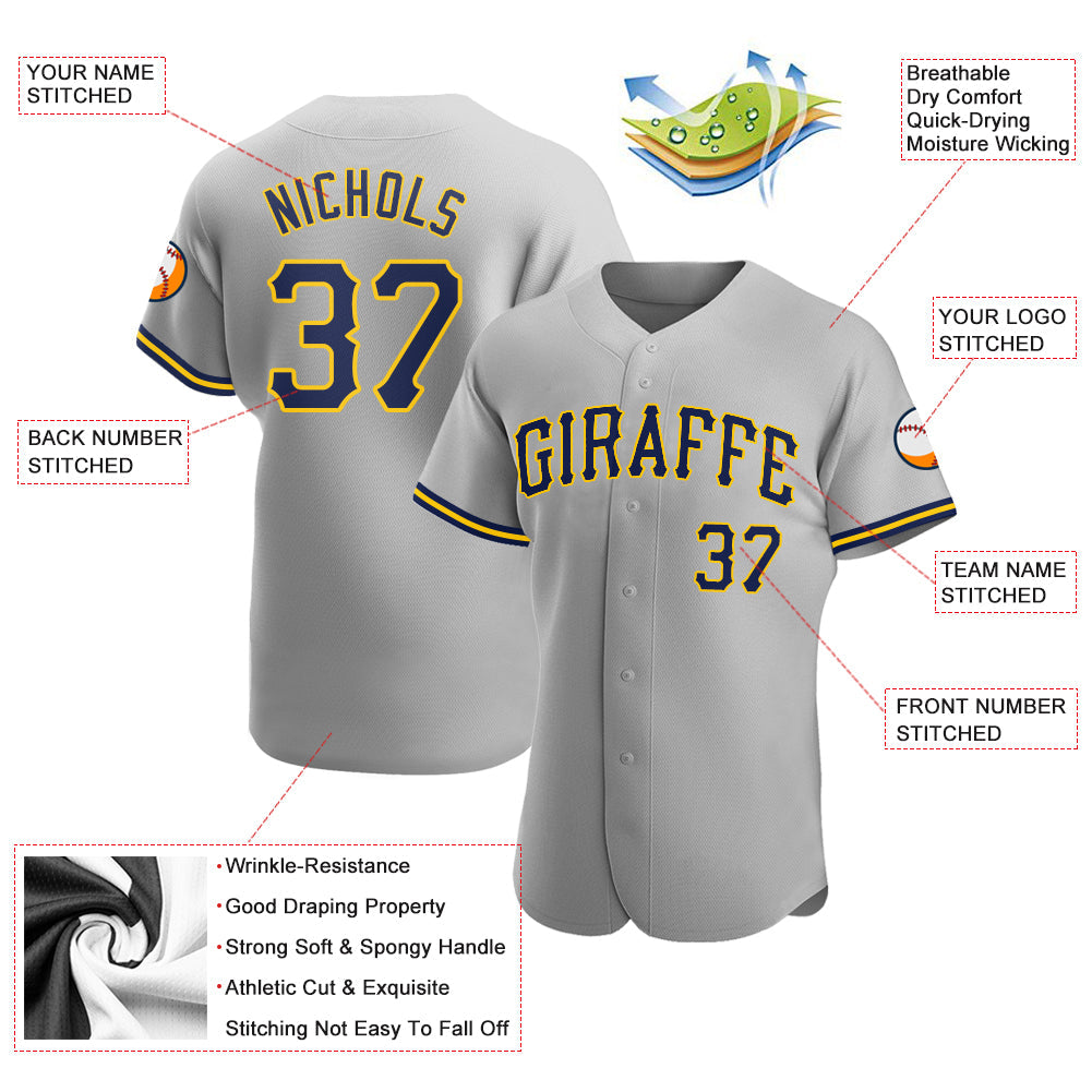 Custom Gray Navy-Gold Authentic Baseball Jersey view 3