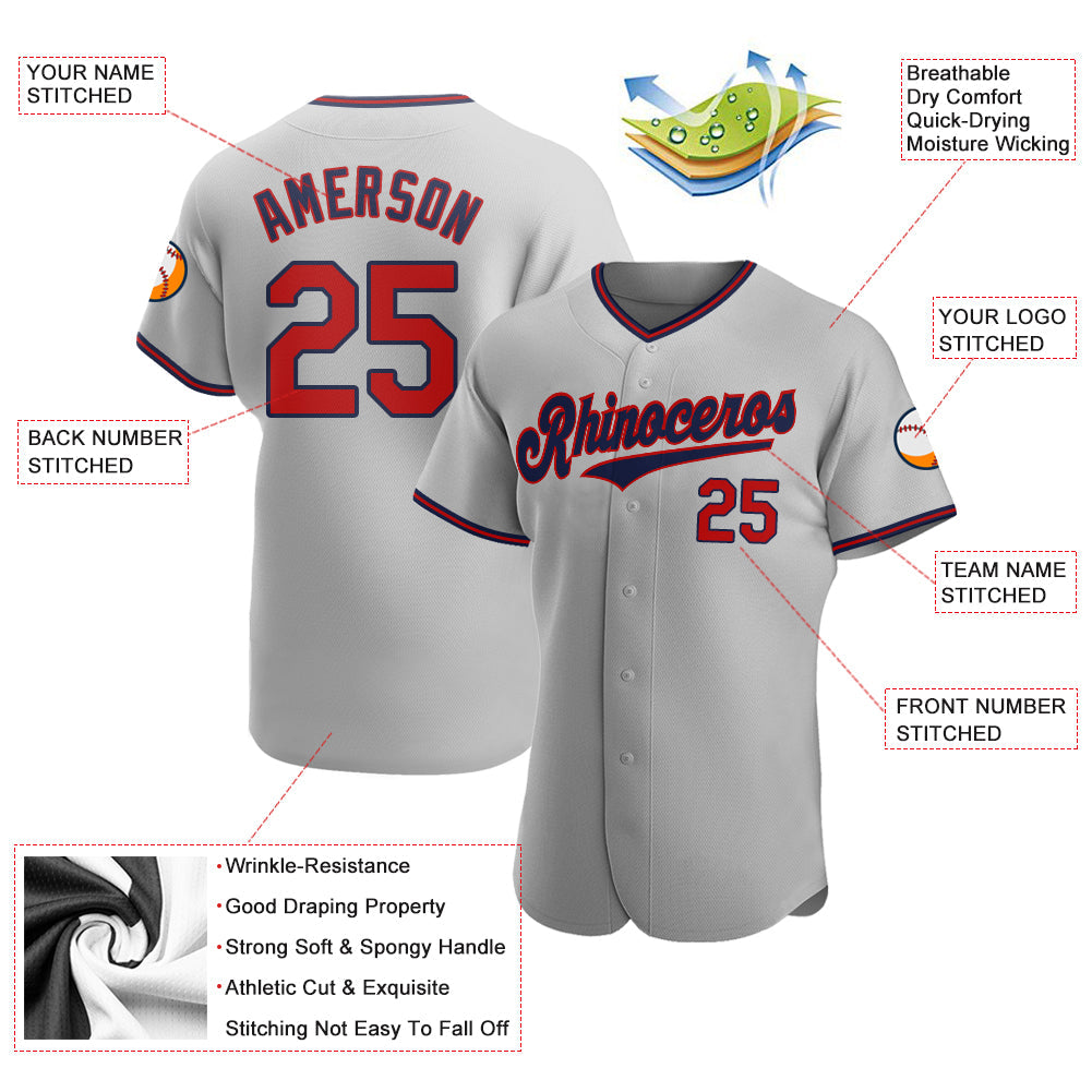 Custom Gray Red-Navy Authentic Baseball Jersey view 3